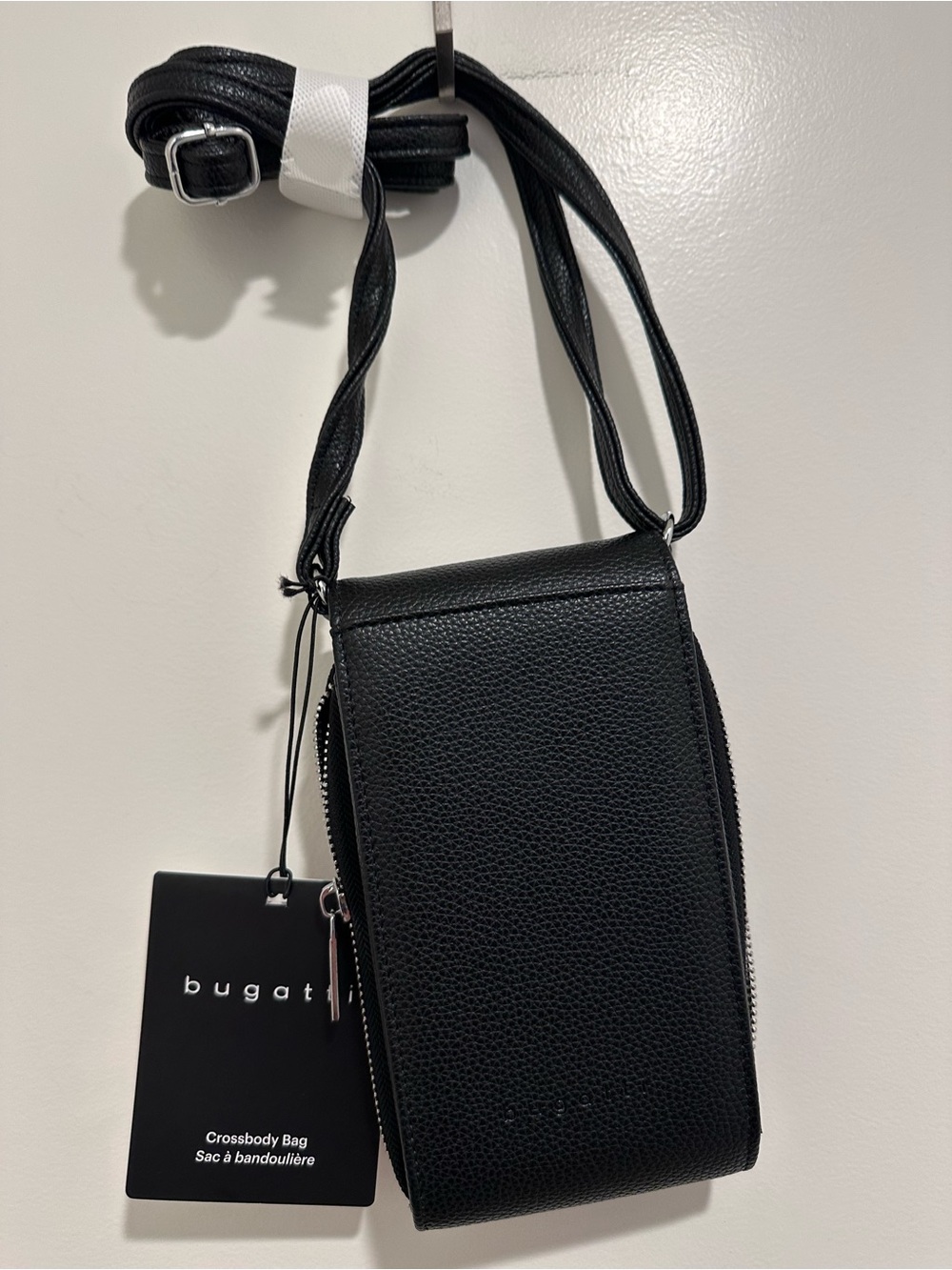 Bugatti Black Pebbled Crossbody Phone Bag with Adjustable Strap